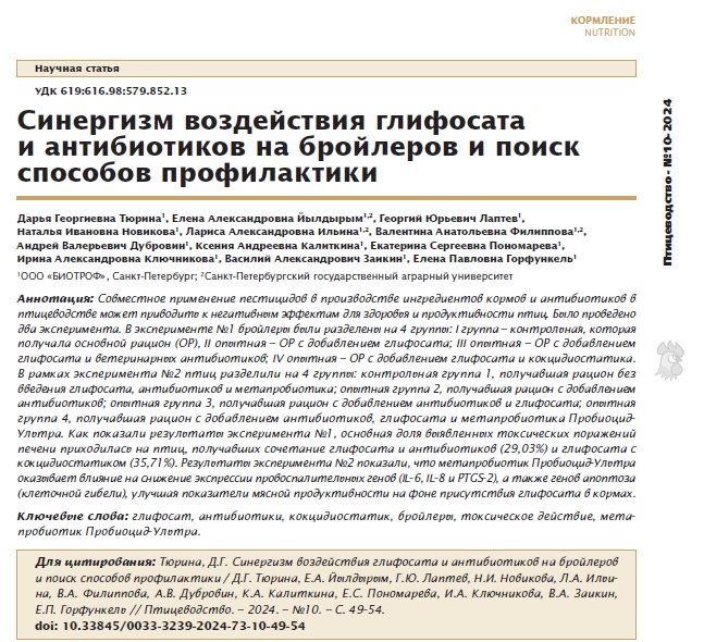 Синергизм воздействия глифосата и антибиотиков на бройлеров и поиск способов профилактики